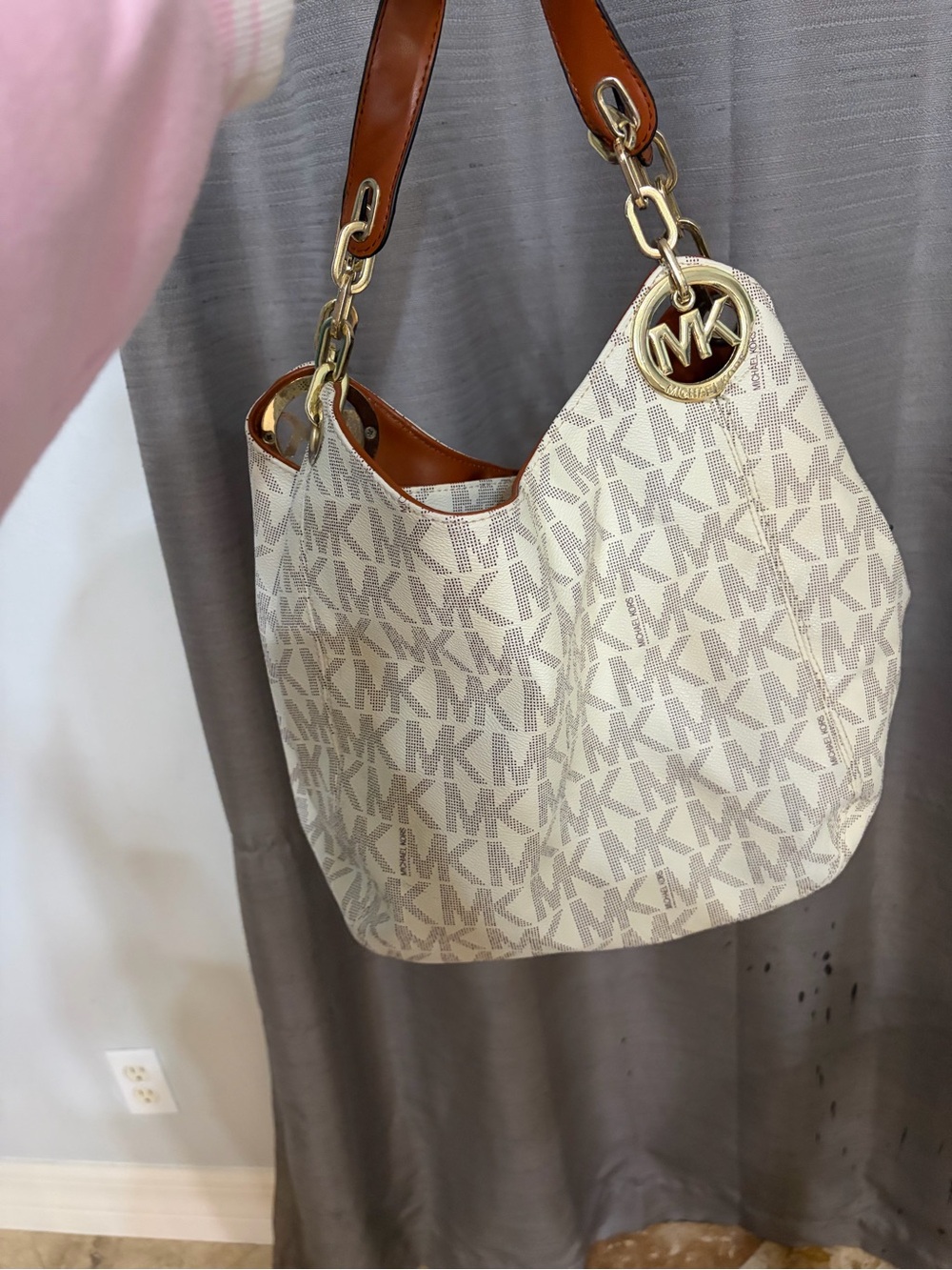 Michael Kors Cream and Tan MK Logo Hobo with Gold Hardware